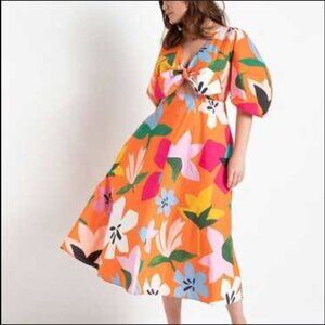 Eloquii Orange Puff Sleeve Colorful Floral Maxi Boardwalk Bloom Dress Size 16
